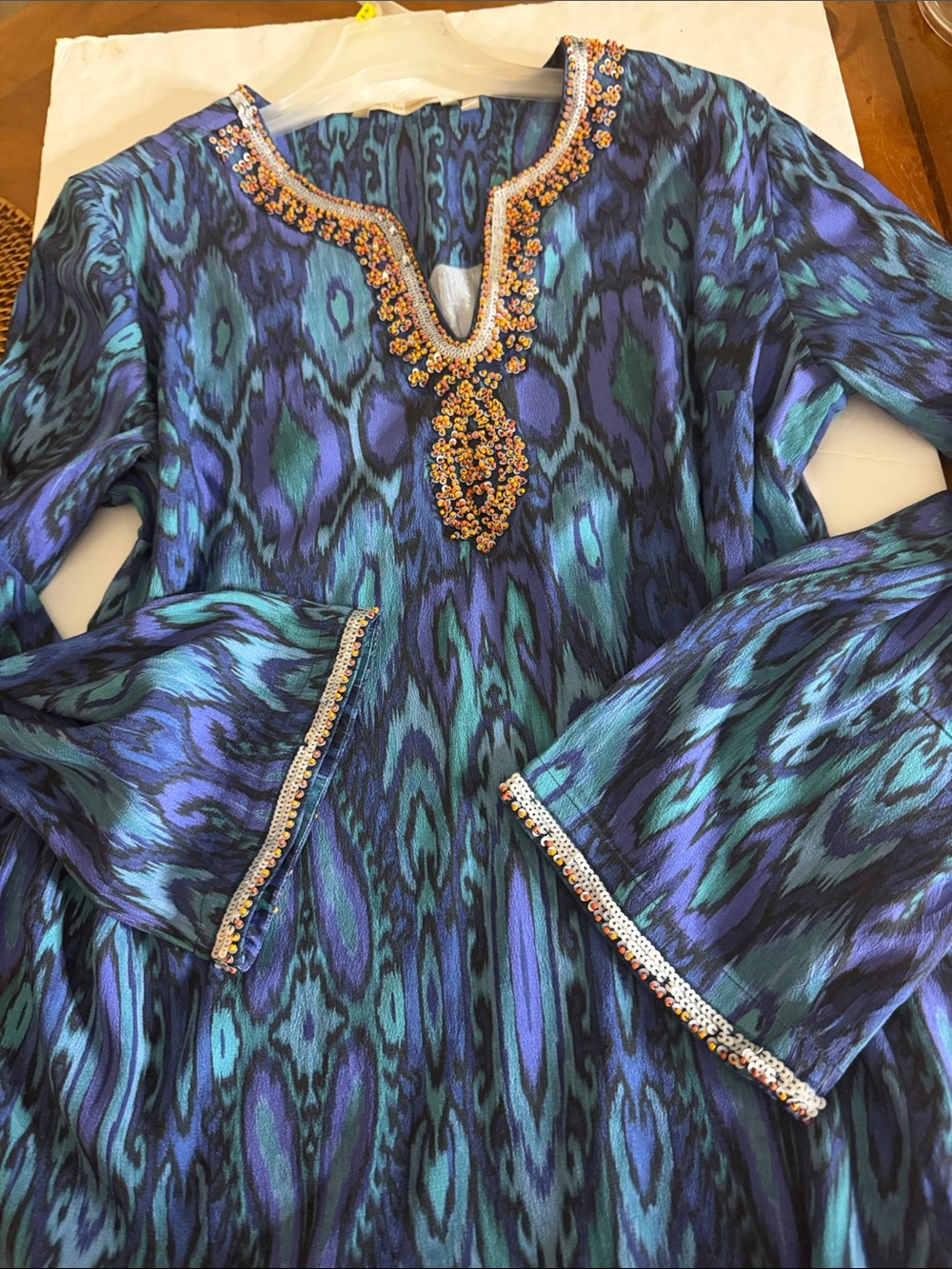 Soft Surroundings Blue Teal Patterned Tunic with Beaded Neckline